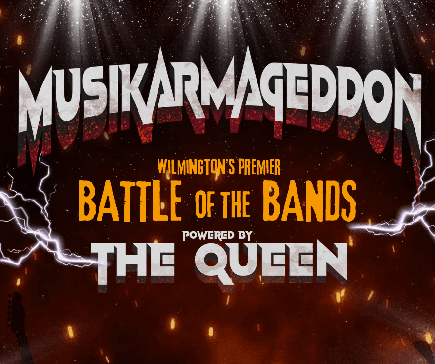 Musikarmageddon poster for Wilmington’s Battle of the Bands. Bold, fiery text with electric guitar and lightning, conveying excitement and energy.